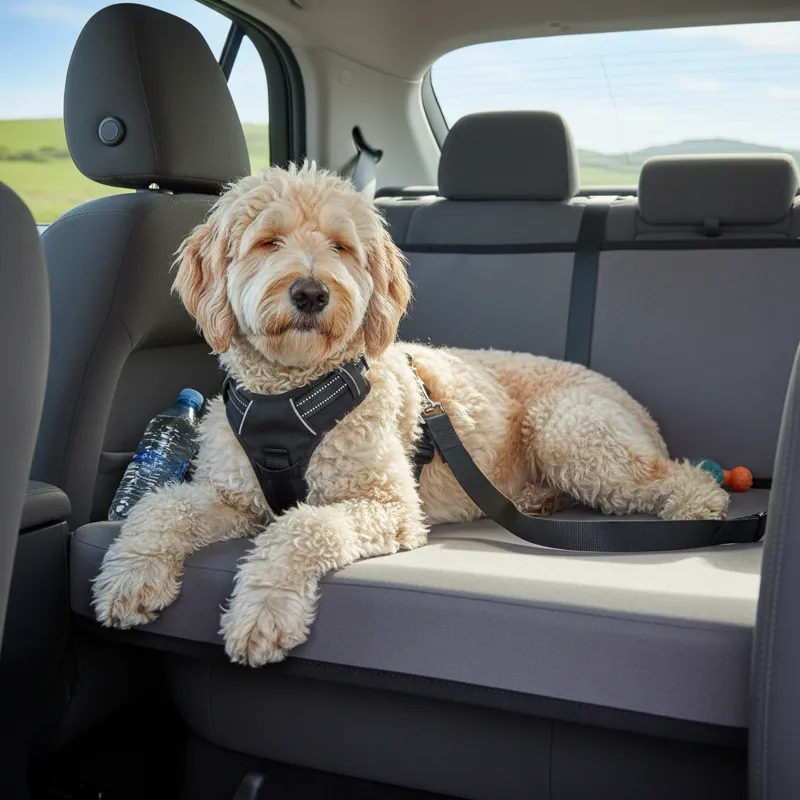 A well-groomed medium-sized dog comfortably lying flat on a back seat extender in a car, looking relaxed. The extender seamlessly fills the footwell g