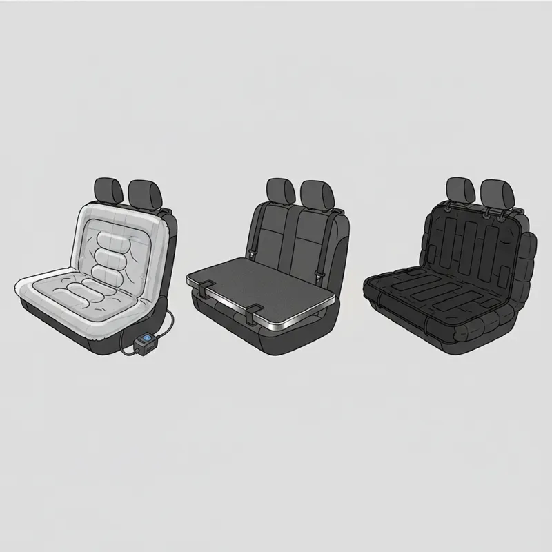 A graphic illustrating three distinct types of back seat extenders: an inflatable air bladder system, a rigid platform made of composite material, and
