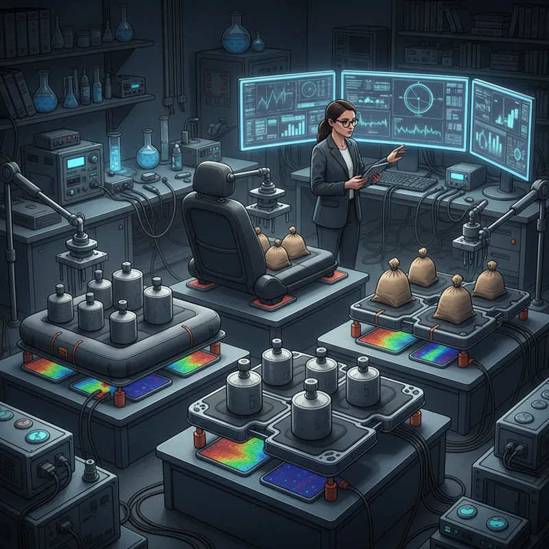 A laboratory-style setup with various back seat extenders being tested for weight distribution, stability, and material resistance using weights, pres