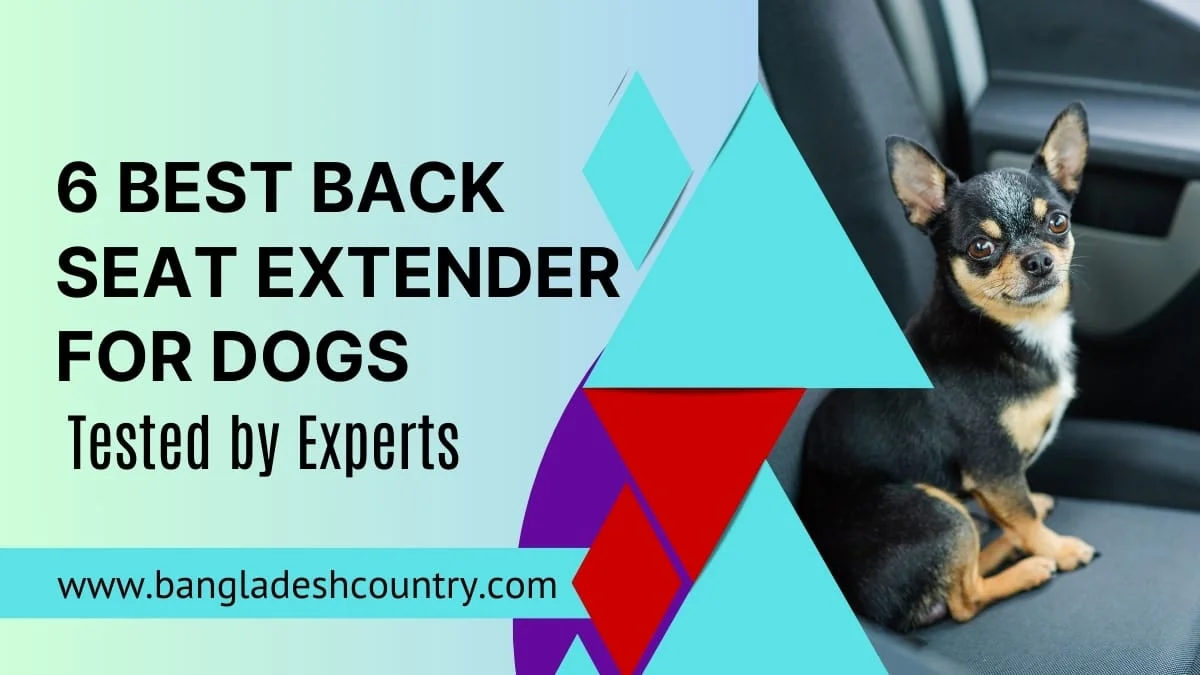 A small black and tan chihuahua dog sits attentively in a car's back seat, next to an overlay with the text '6 BEST BACK SEAT EXTENDER FOR DOGS Tested by Experts' and 'www.bangladeshcountry.com'. The image promotes dog car safety and travel products.