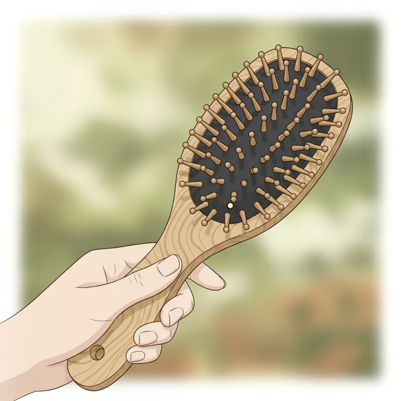 A close-up shot of a hand holding a bamboo hair brush, highlighting its natural wood grain and smooth pins, with a soft, diffused background.