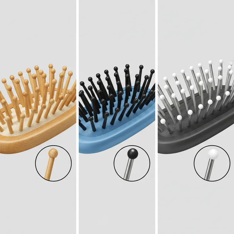 A side-by-side comparison illustrating the different pin types and materials of a bamboo hair brush, a plastic brush, and a metal-bristled brush, emph