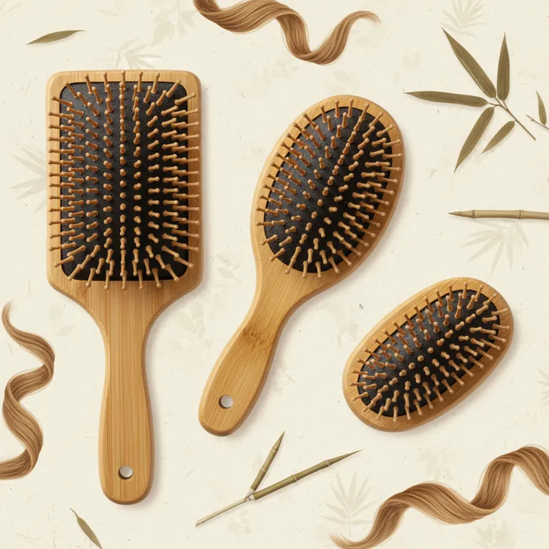 A collage showing three distinct types of bamboo hair brushes: a large paddle brush, a smaller oval brush, and a travel-sized brush, each with visible
