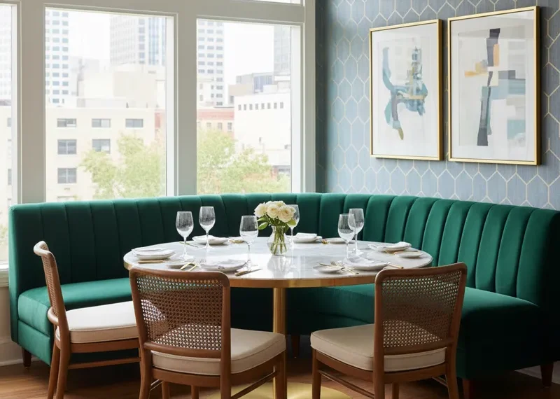 Modern L-shaped banquette dining set with a round table and chairs, integrated into a stylish kitchen dining nook, showcasing space-saving built-in seating.
