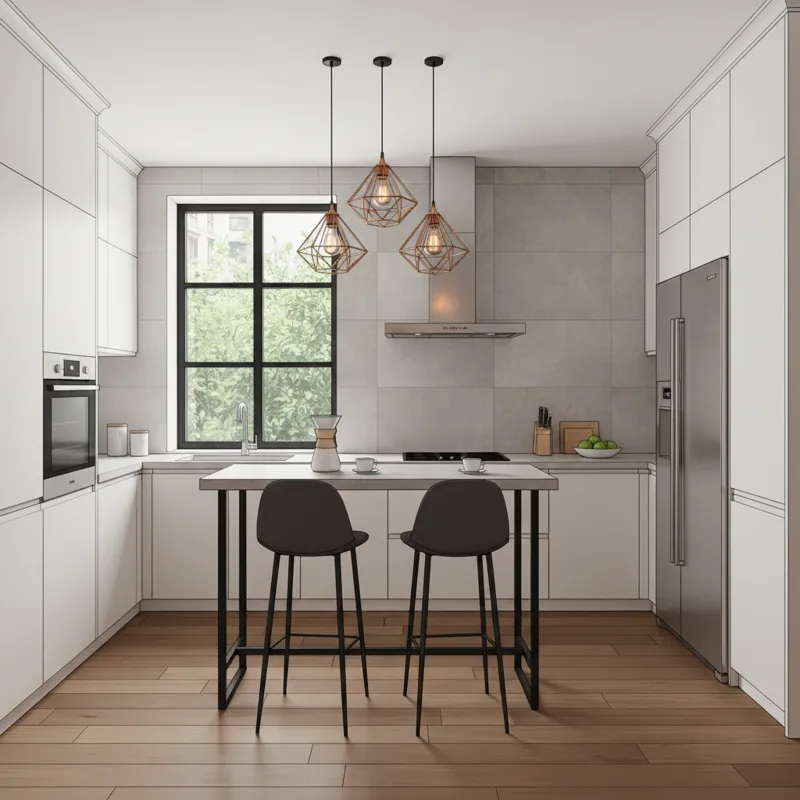 A stylish, modern kitchen with a compact bar height table and two sleek bar chairs, showcasing functionality and aesthetic appeal in a contemporary ho