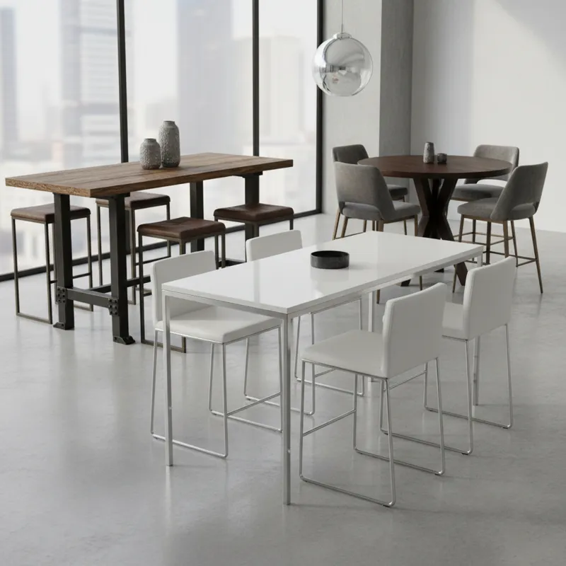 A diverse collection of bar height dining table sets for 4, showcasing various design styles: one with sleek, minimalist lines in white and chrome; an