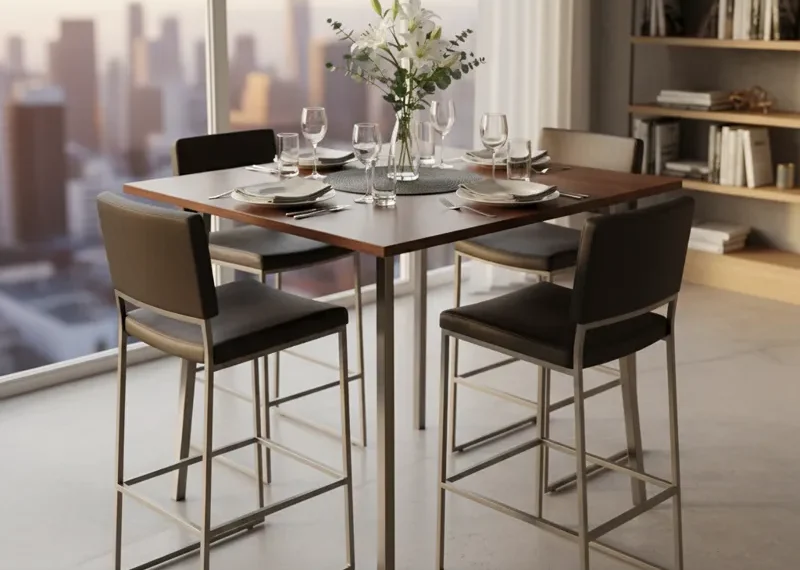 Modern bar height dining table set for 4 featuring a dark wood finish rectangular table and four upholstered high-back stools, placed in a contemporary open-plan kitchen dining area.