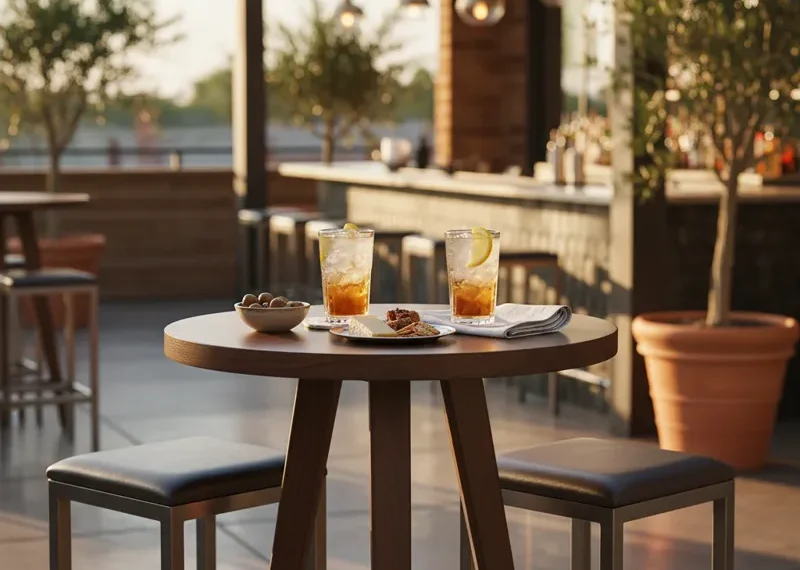 Compact bar height table for 2 with two stools, ideal for small kitchens, apartments, or bistro dining areas.