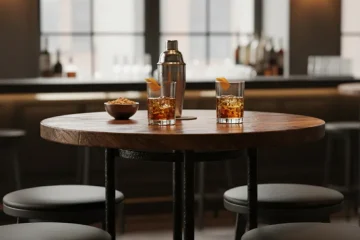 Modern wooden bar height table with two matching bar stools in a minimalist dining area, perfect for small spaces or casual entertaining.