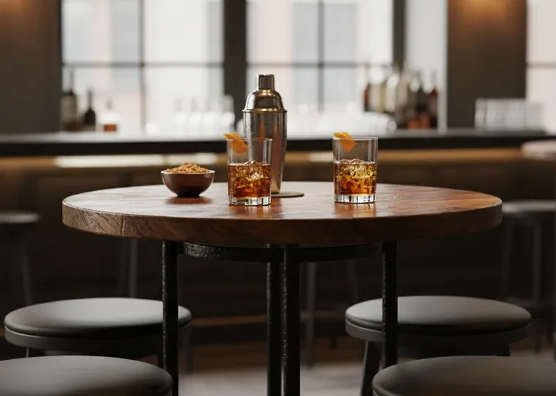 Modern wooden bar height table with two matching bar stools in a minimalist dining area, perfect for small spaces or casual entertaining.