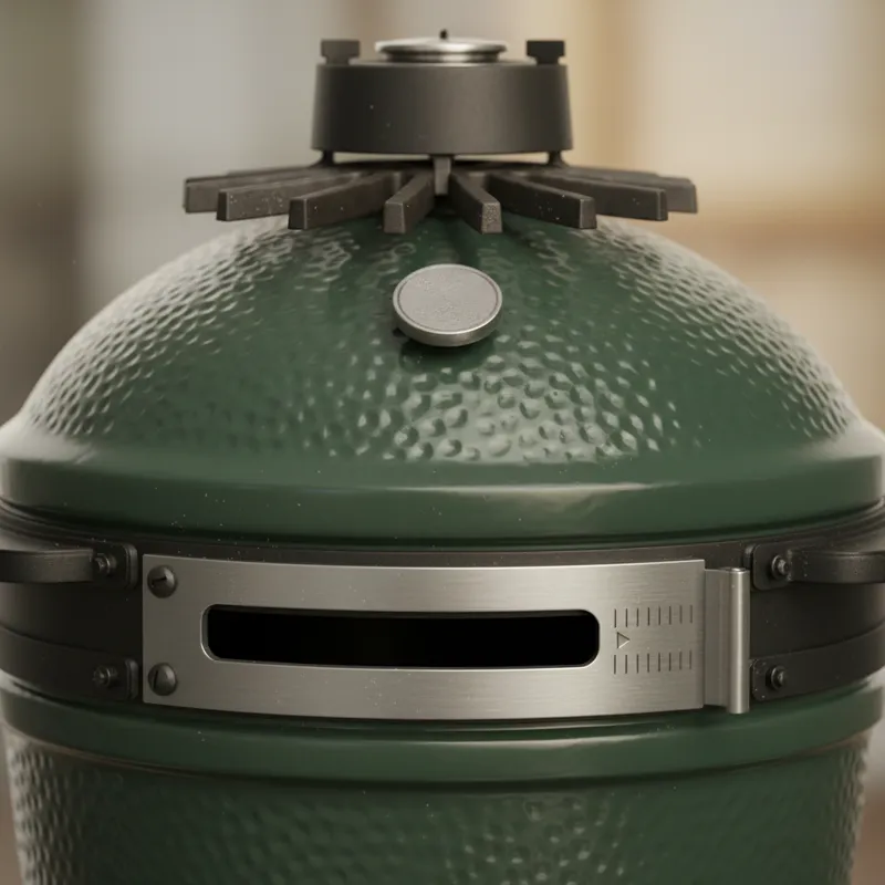 A close-up of a Big Green Egg's top vent (daisy wheel) and bottom draft door, showing the fine adjustments possible for temperature control.