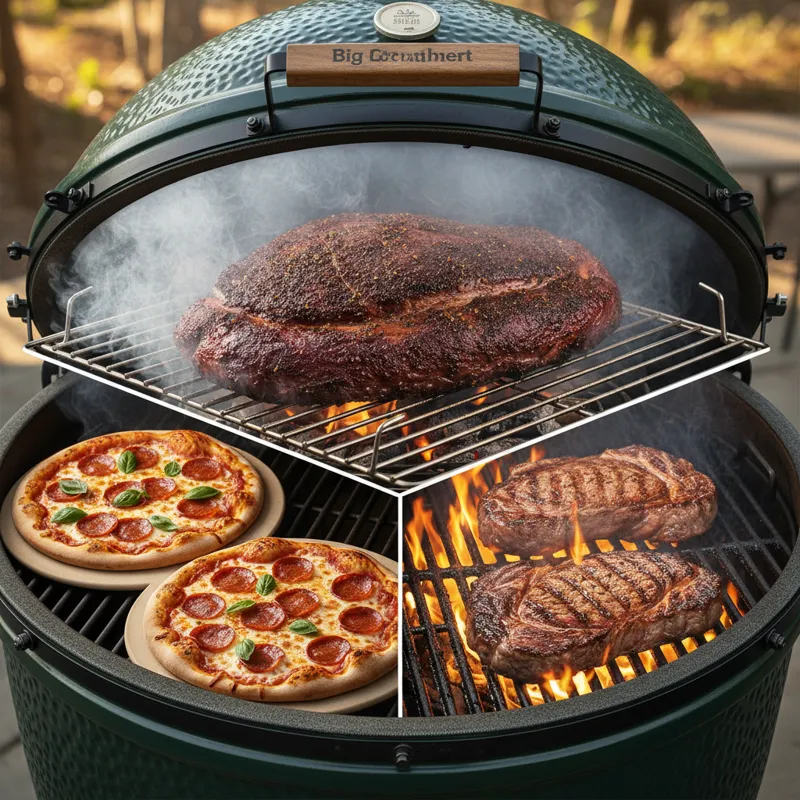 A visual montage or collage showing different foods being cooked on a Big Green Egg: a brisket smoking, pizzas baking, and steaks searing, demonstrati