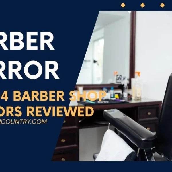 A graphic promoting an article about barber shop mirrors, featuring a barber chair, a mirror, and a counter with styling tools. The text overlay reads 'BARBER MIRROR BEST 14 BARBER SHOP MIRRORS REVIEWED'.