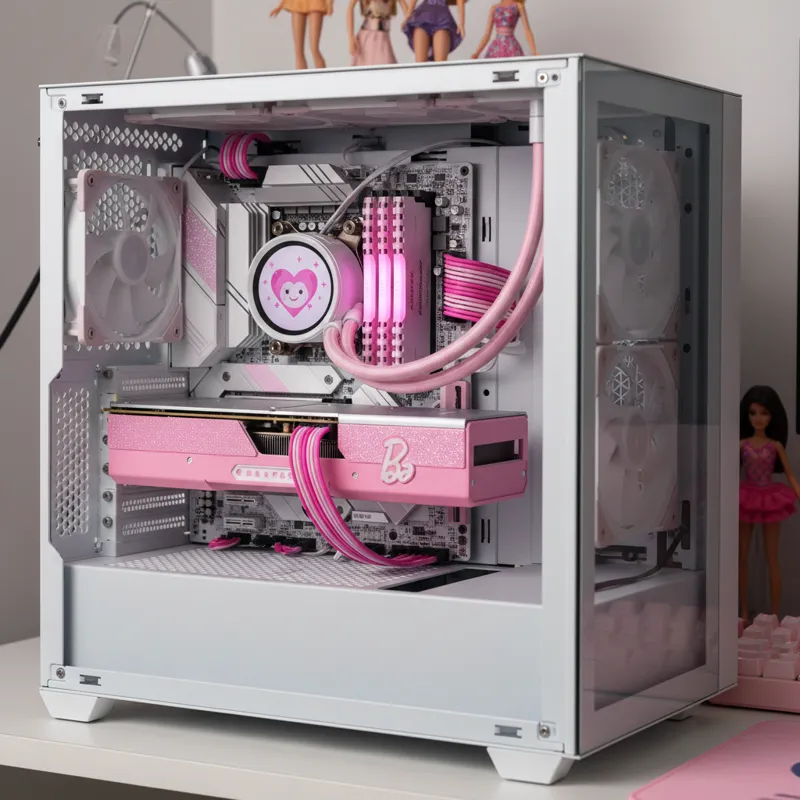 A detailed close-up shot of the interior of a custom-built Barbie-themed desktop computer. The PC case is open, revealing neatly organized components.