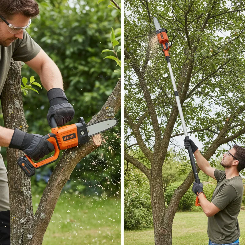 A side-by-side comparison image. On the left, a person is holding a very compact, single-handed battery-powered mini chainsaw, easily cutting a 2-inch
