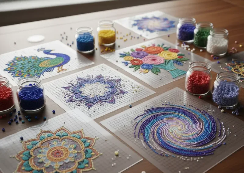 A collection of various bead embroidery templates featuring intricate patterns and designs for jewelry making, brooches, and textile art. Includes floral, geometric, and abstract shapes, ready to be traced or transferred.