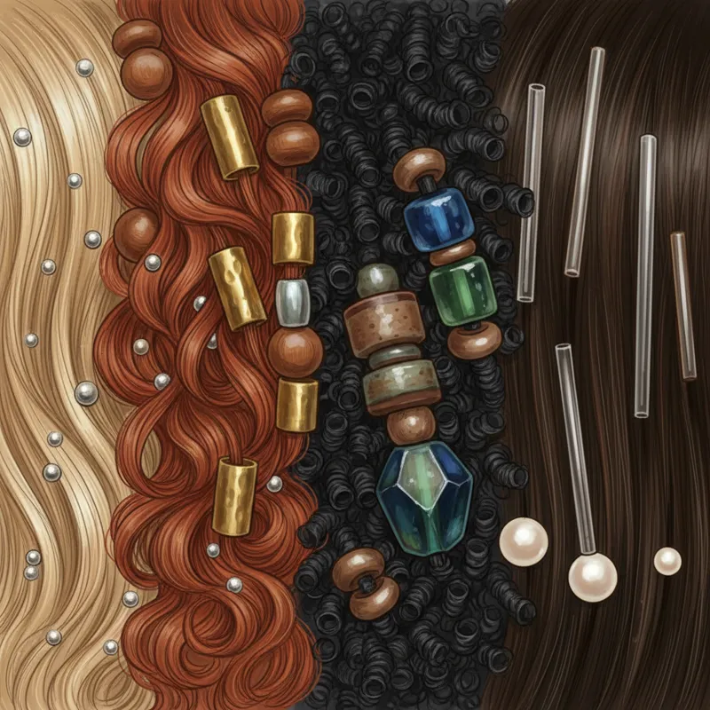 A close-up shot showing various hair textures (fine, thick, coily, straight) with different types of beads resting on them, illustrating how bead size