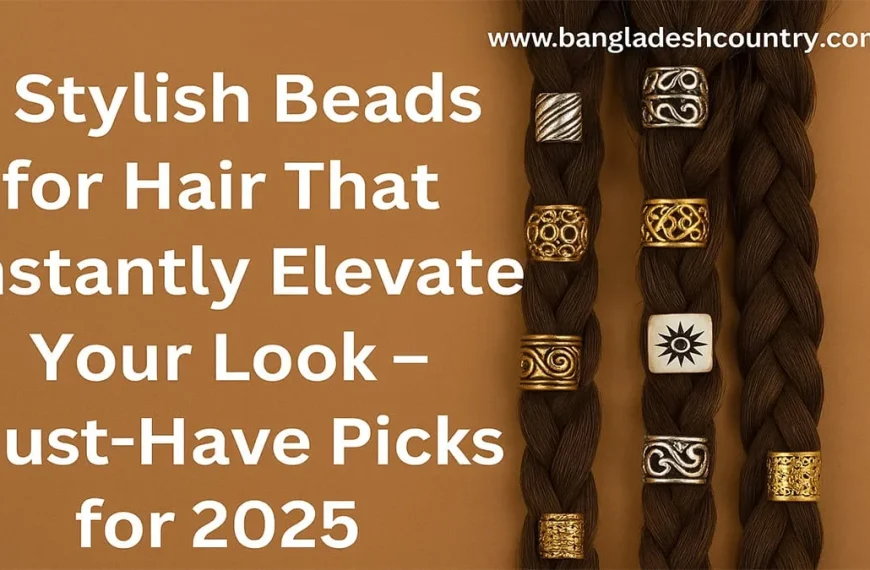 Two dark brown braided pigtails are adorned with a variety of stylish hair beads in gold, silver, and white. The decorative metallic and white beads feature intricate patterns like scrolls, geometric textures, and a sun symbol, highlighting fashionable hair accessories.