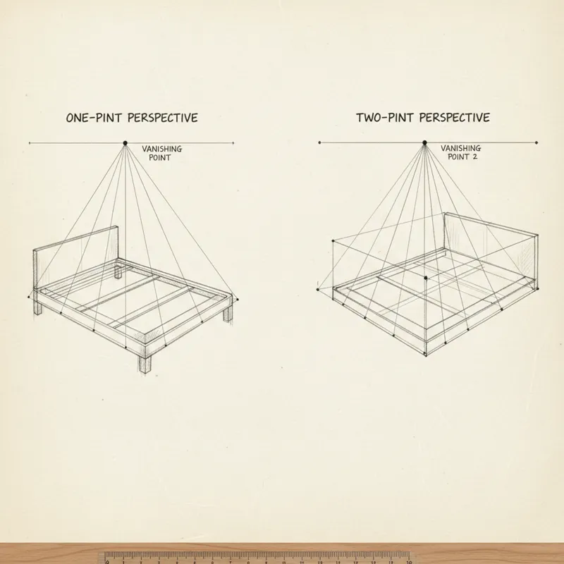 A diagram illustrating one-point and two-point perspective lines converging to a vanishing point, with a basic cuboid shape of a bed frame drawn accur