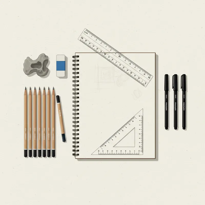 A flat lay of various drawing tools: a set of graphite pencils of different hardness, a kneaded eraser, a vinyl eraser, a ruler, a T-square or set squ