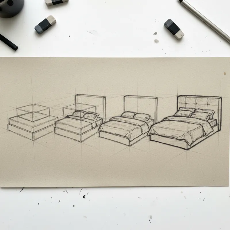 A series of progressive sketches showing how a complex bed shape can be broken down into simpler geometric forms: starting with a large cuboid, then a