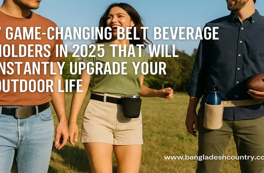Three people outdoors demonstrating hands-free belt beverage holders. A woman wears a black belt holder with a travel mug, and a man wears a tan belt holder with a blue water bottle. Text overlay reads '7 Game-Changing Belt Beverage Holders in 2025 that will instantly upgrade your outdoor life'.