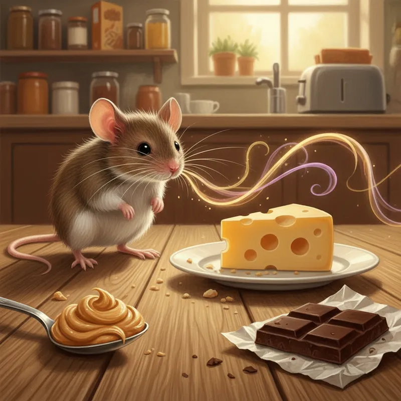 A detailed close-up illustration of a small house mouse sniffing the air with its whiskers, surrounded by faint scent trails leading to various food i