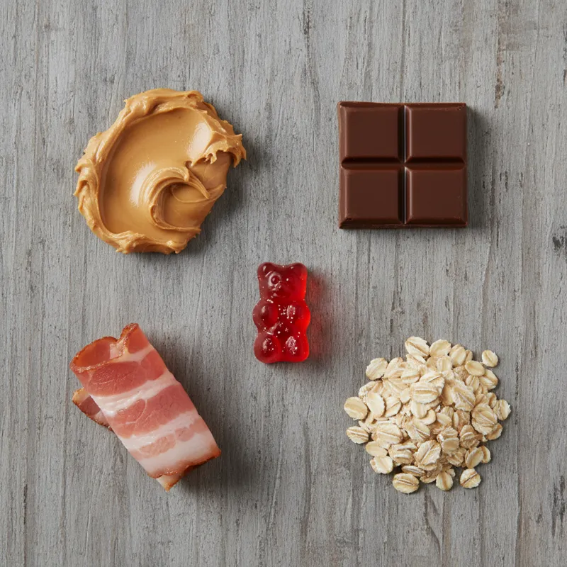 A flat lay photograph showcasing various effective mouse trap baits arranged neatly. Include a small dollop of creamy peanut butter, a square of milk