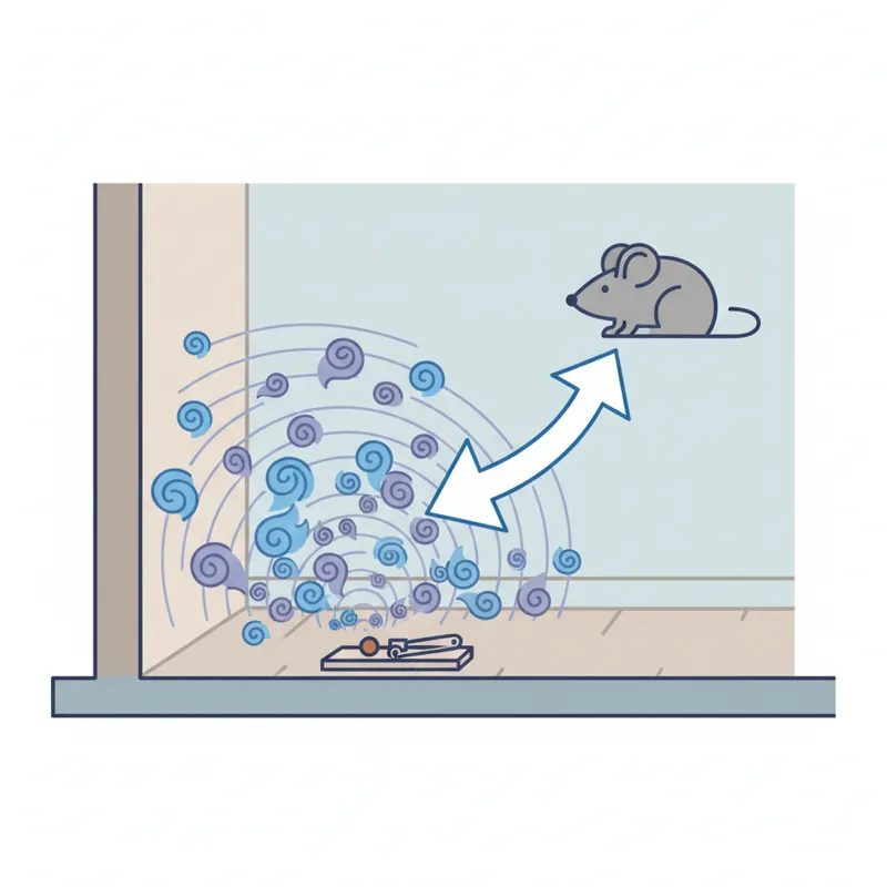A stylized infographic showing scent molecules emanating from a tiny bait on a trap, spreading through the air. A mouse icon at a distance is shown wi