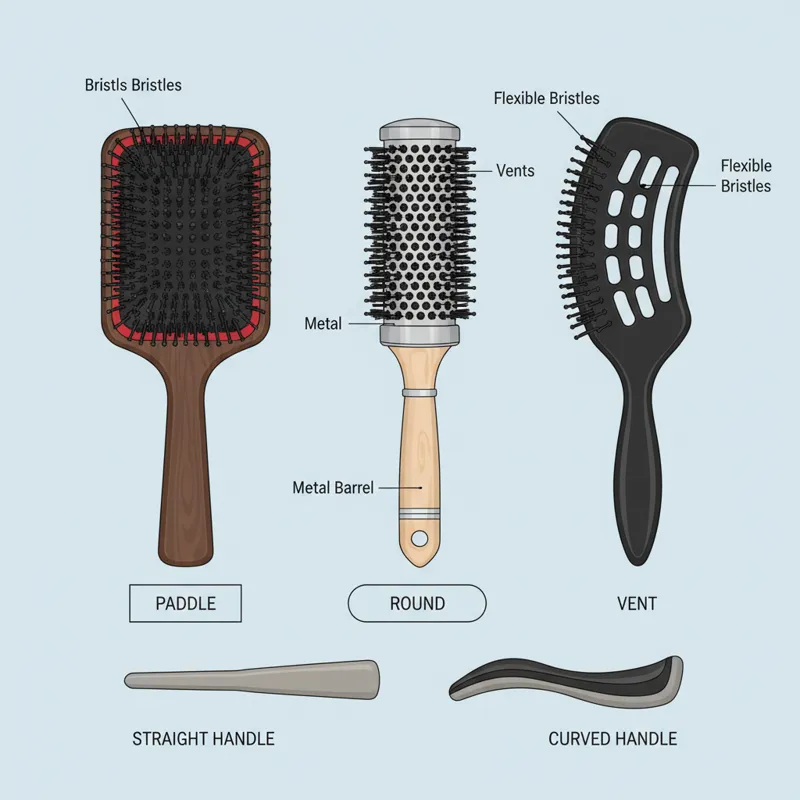 An infographic illustrating different brush head shapes (paddle, round, vent) and handle designs, with labels pointing to key features like bristles a