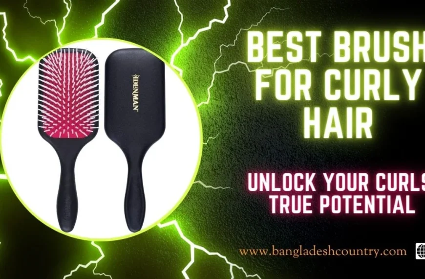 Two black Denman brushes for curly hair are shown against a dark background with neon green lightning. One brush displays its red bristle side with white tips, while the other shows its black back with the gold 'DENMAN' logo. Large neon green text reads 'BEST BRUSH FOR CURLY HAIR' and smaller neon pink text states 'UNLOCK YOUR CURLS' TRUE POTENTIAL'. A website, www.bangladeshcountry.com, is at the bottom.
