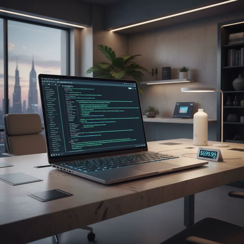 A sleek, modern laptop open on a desk, displaying lines of code on its screen, with a visible price tag indicating it's under $700, set in a clean, co