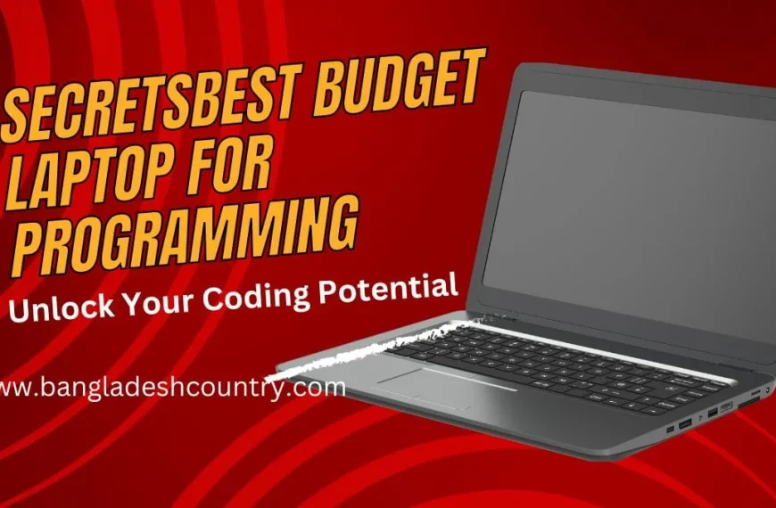 A promotional graphic with a modern silver laptop on a red background. Bold yellow text on the left reads 'SECRETSBEST BUDGET LAPTOP FOR PROGRAMMING', with 'Unlock Your Coding Potential' in white below it. The website 'www.bangladeshcountry.com' is also visible.