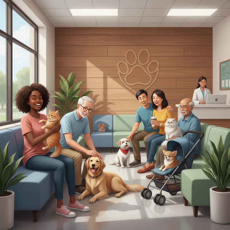 A diverse group of happy pet owners (various ages, ethnicities) interacting positively with their healthy pets (dogs, cats) in a clean, modern vet cli