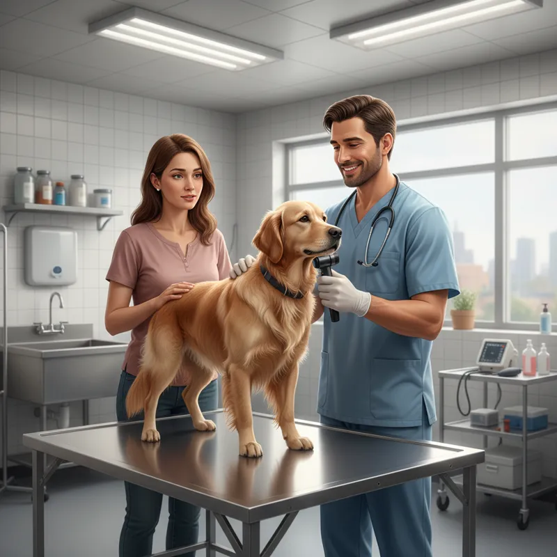 A veterinarian gently examining a dog on an examination table, while a caring pet owner watches. The vet is wearing scrubs and gloves, and the room is