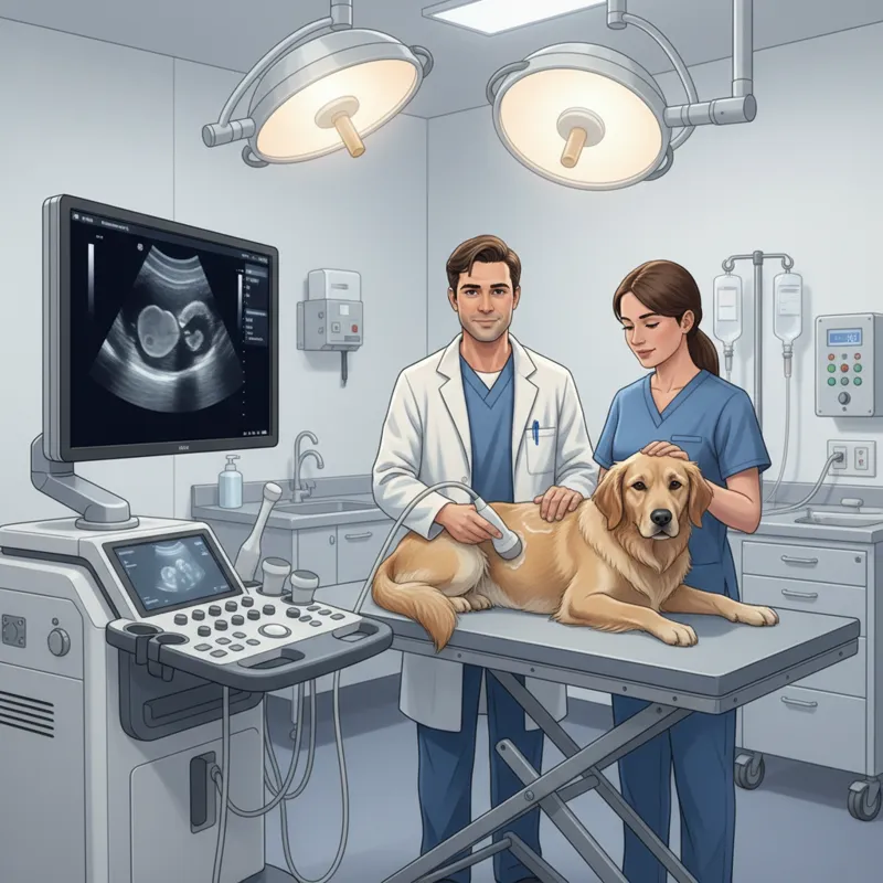 A veterinarian performing an ultrasound scan on a dog's abdomen, with the image visible on a monitor. A vet tech assists, and the environment is a hig