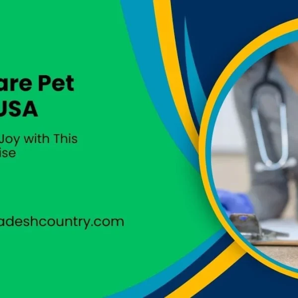 Advertisement for 'Best Care Pet Clinic USA' featuring a small black, white, and tan dog, possibly a Jack Russell terrier mix, sitting calmly on an examination table. A veterinarian in scrubs with a stethoscope is visible in the blurred background. The left side of the image has a green panel displaying the text 'Best Care Pet Clinic USA', 'Unleash the Joy with This Playful Surprise', and the website 'www.bangladeshcountry.com'.