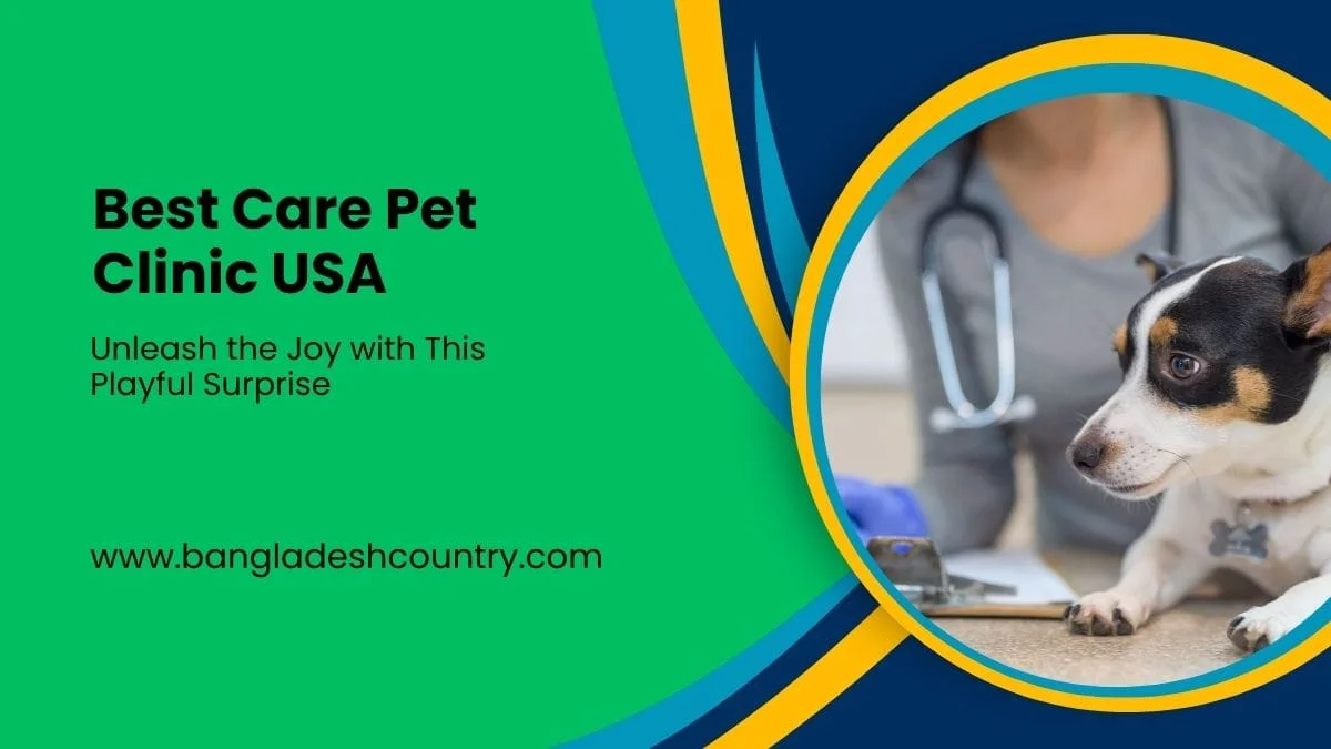 Advertisement for 'Best Care Pet Clinic USA' featuring a small black, white, and tan dog, possibly a Jack Russell terrier mix, sitting calmly on an examination table. A veterinarian in scrubs with a stethoscope is visible in the blurred background. The left side of the image has a green panel displaying the text 'Best Care Pet Clinic USA', 'Unleash the Joy with This Playful Surprise', and the website 'www.bangladeshcountry.com'.