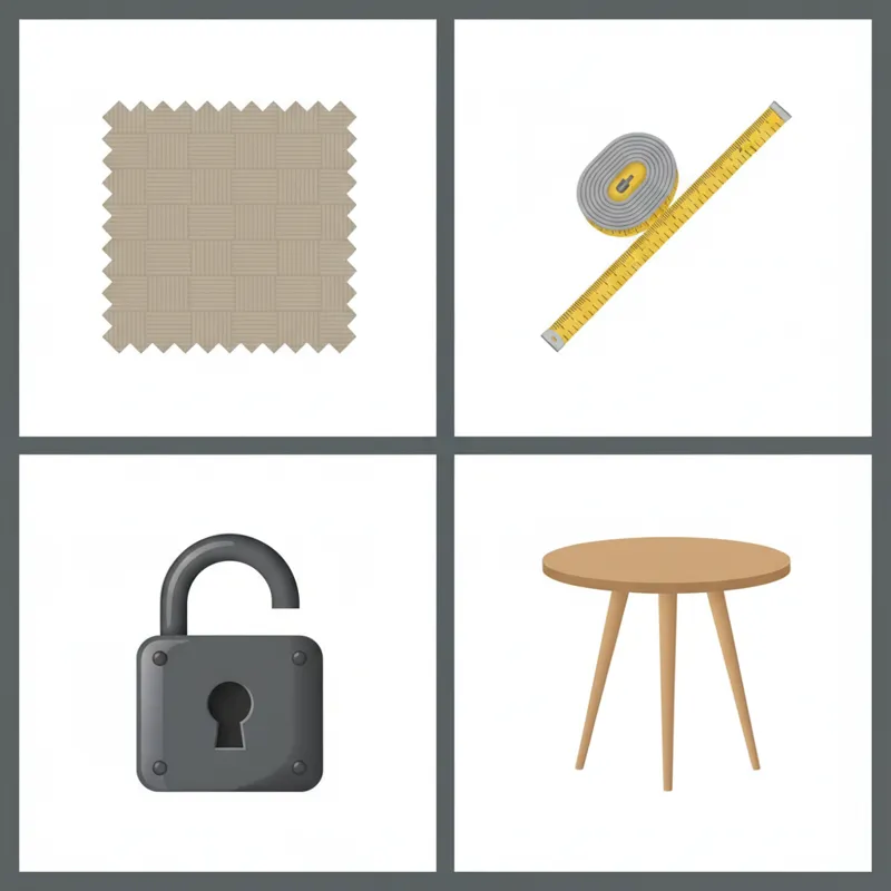 A collage of small icons representing different key factors: a material swatch, a measuring tape, a sturdy lock, and a minimalist table design. All ic