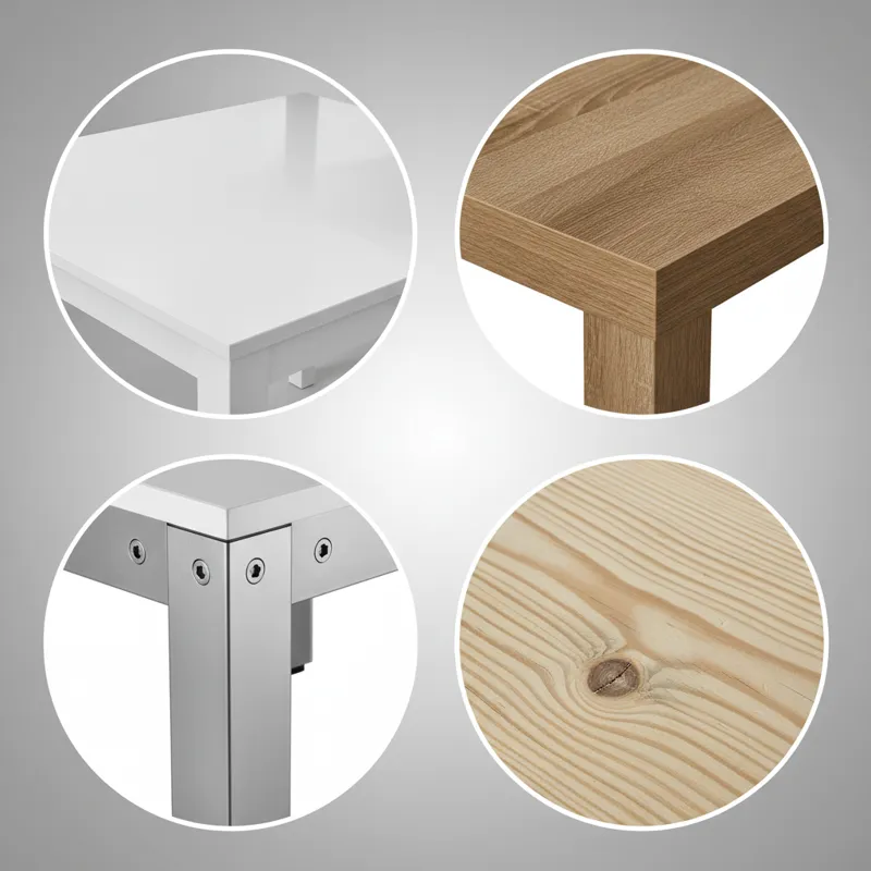 A carousel of close-up images showing different dining table materials: a smooth laminate surface, a textured engineered wood edge, a sleek metal leg