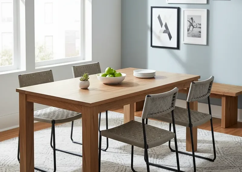 A modern and compact light wood dining table with two chairs, showcasing one of the best cheap dining table options for small spaces. This budget-friendly kitchen table is ideal for apartments or breakfast nooks.