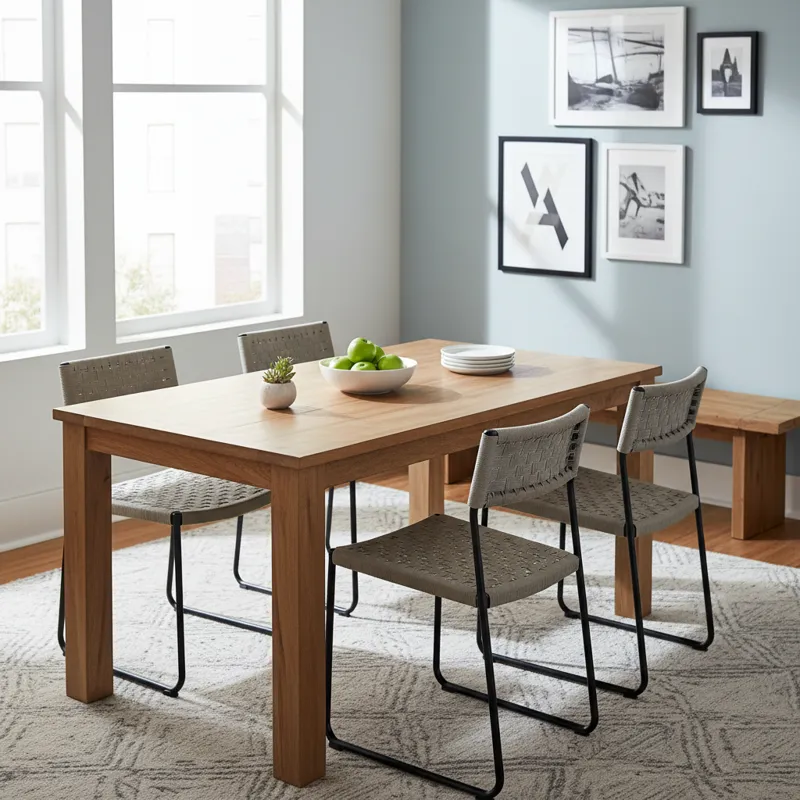 A modern and compact light wood dining table with two chairs, showcasing one of the best cheap dining table options for small spaces. This budget-friendly kitchen table is ideal for apartments or breakfast nooks.