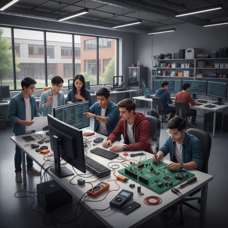 A diverse group of university students collaborating on a complex circuit board project in a modern, well-equipped engineering lab. Some students are