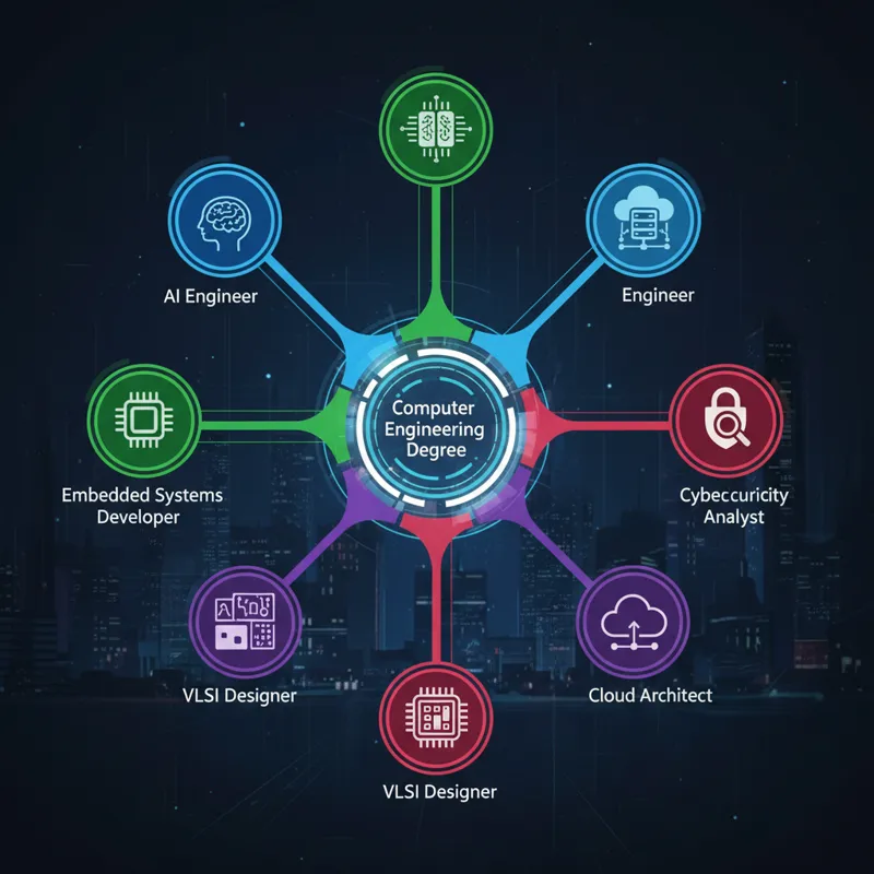 A stylized infographic showing various career paths radiating from a central point labeled