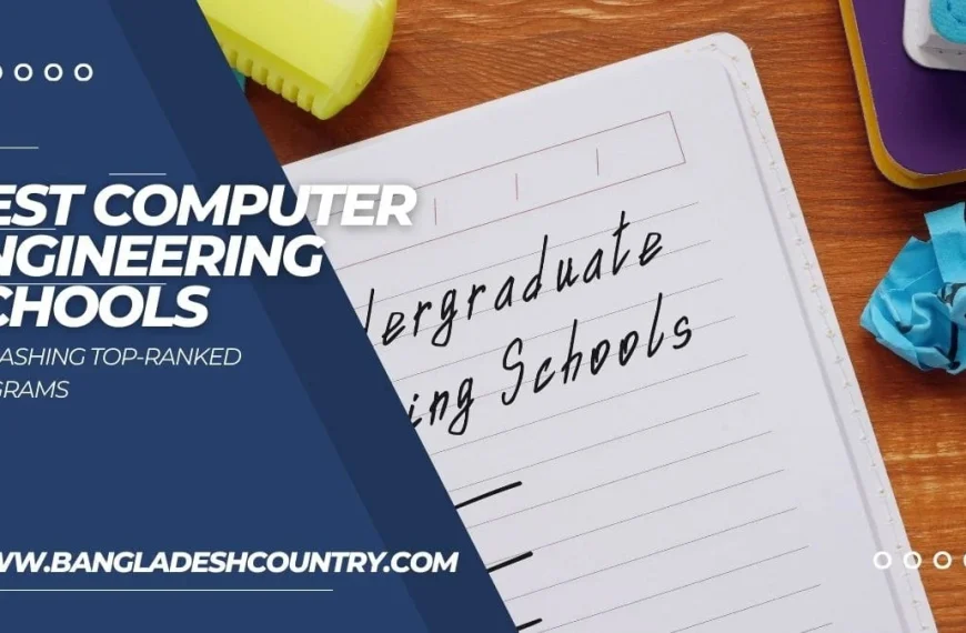 A graphic promoting 'Best Computer Engineering Schools' with a dark blue overlay featuring the title in bold white text, 'UNLEASHING TOP-RANKED PROGRAMS', and 'WWW.BANGLADESHCOUNTRY.COM'. The background shows a desk with a notebook containing handwritten text 'Undergraduate Engineering Schools', alongside a yellow highlighter and crumpled blue paper.