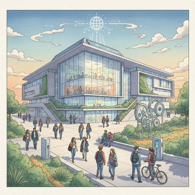 A wide shot of a modern university campus building with students walking around, conveying a sense of academic innovation and learning.