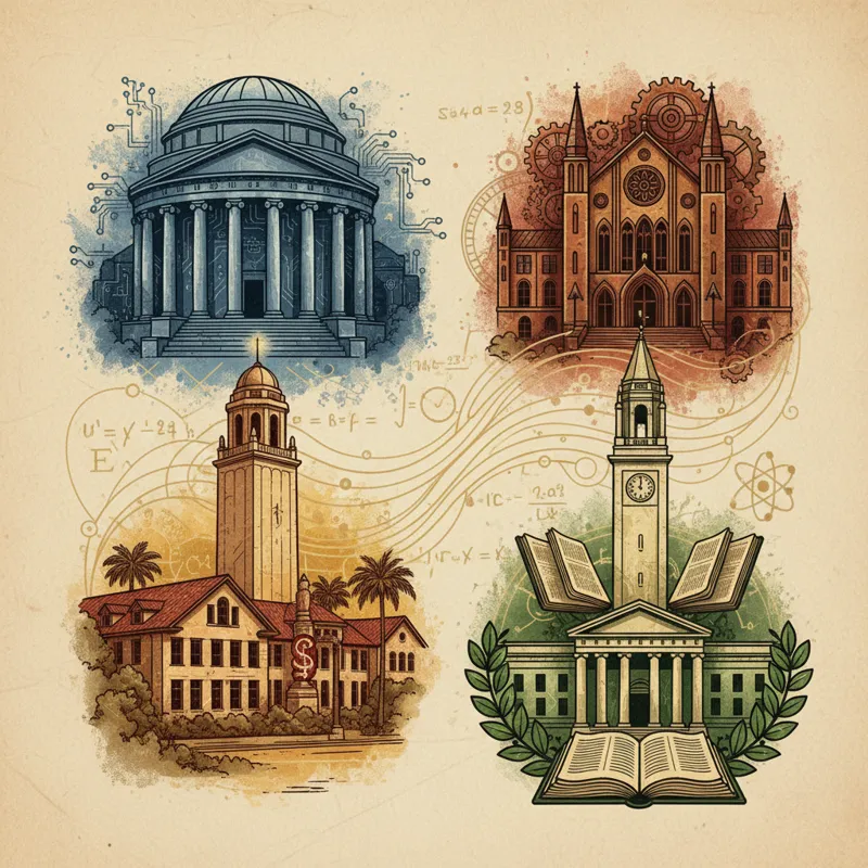 A collage featuring architectural highlights of MIT, Stanford, Carnegie Mellon, and UC Berkeley, symbolizing their academic prowess.