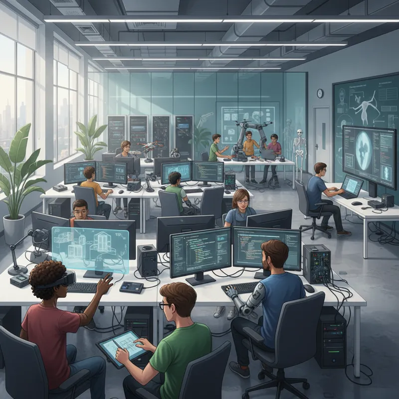 A diverse group of students working collaboratively on computers in a modern university lab, illustrating different areas of specialization.