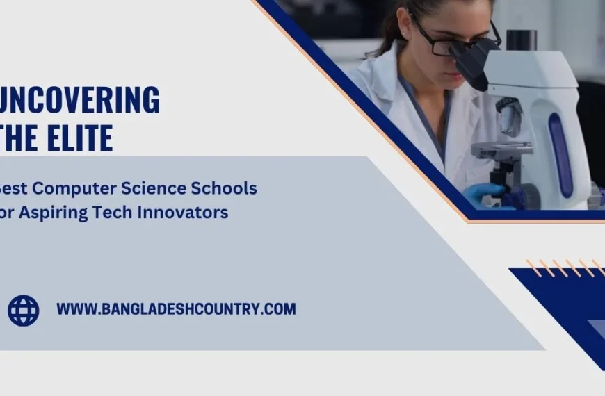 Promotional graphic for 'Best Computer Science Schools for Aspiring Tech Innovators,' featuring a woman researcher looking into a microscope on the right, alongside bold text 'UNCOVERING THE ELITE' and the website 'WWW.BANGLADESHCOUNTRY.COM' on a grey and blue background.