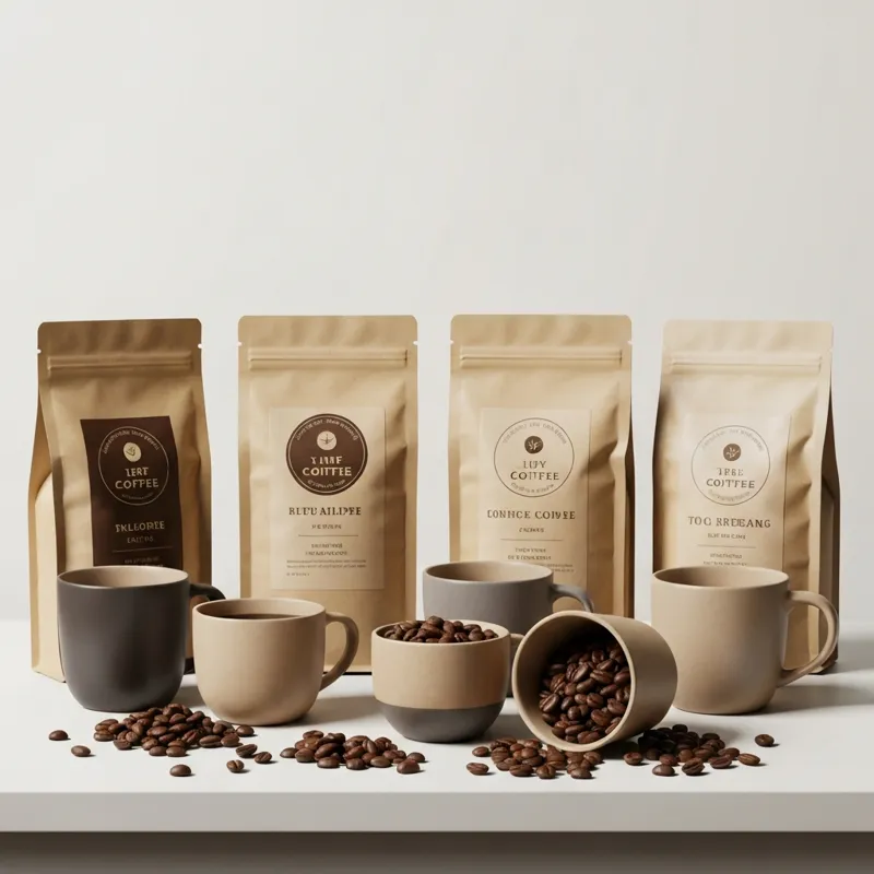 A beautifully arranged flat lay of five different bags of coffee beans, each with a different label style (e.g., minimalist, rustic, bold). Next to ea